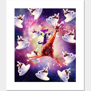 Rave Space Cat On Giraffe Unicorn - Coffee Posters and Art